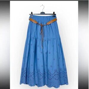 MADE IN ITALY Blue Eyelet Maxi Skirt with Brown Belt